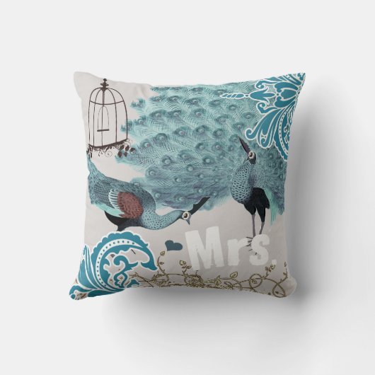 mevrouw Bride Blauwgroen Damask  Peacock Birdcage Kussen (Achterkant)