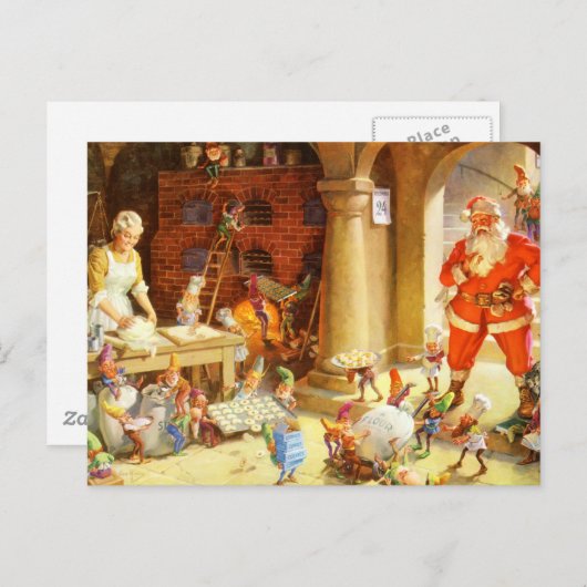 Mevrouw Claus en de Elfen bakken kerstkoekjes Feestdagenkaart (Voorkant / Achterkant)