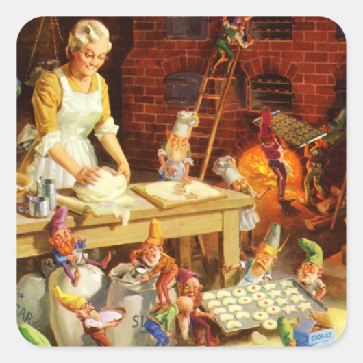Mevrouw Claus en Santas Elves bakken kerstkoekjes Vierkante Sticker (Voorkant)