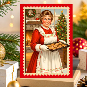 Mevrouw Claus Retro Postzegel Kerstmis Feestdagen Kaart