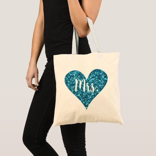 Mevrouw - Cyan Glitter Hart Tote Bag (Voorkant (product))