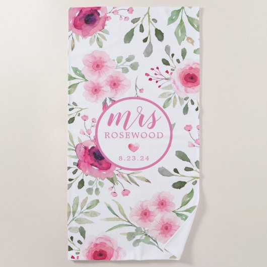 Mevrouw Date Soft Pink Waterverf Floral Strandlaken (Voorkant)