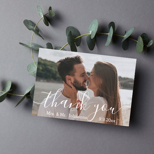 mevrouw & de heer stylish calligraphy bruiloft fot bedankkaart