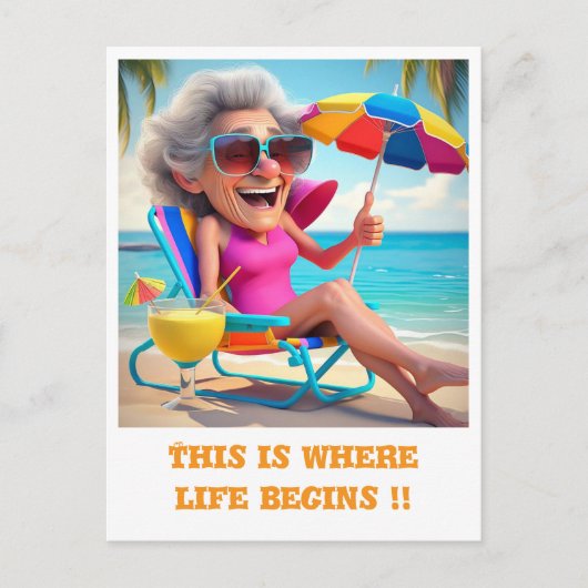 "MEVROUW GING MET PENSIOEN OP HET STRAND" BRIEFKAART (Voorkant)