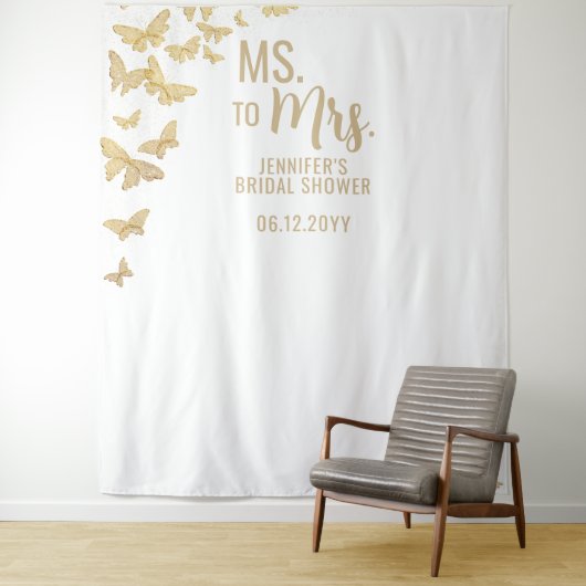 Mevrouw Gold Butterflies Chic White Bridal Achterg Wandkleed (In situ)