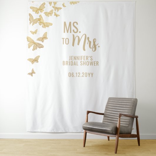 Mevrouw Gold Butterfly White Bridal Backdrop Wandkleed (In situ)