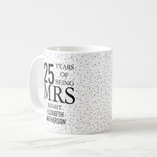 Mevrouw Juist 25e trouwdag Zilveren Hartjes Koffiemok (Voorkant links)