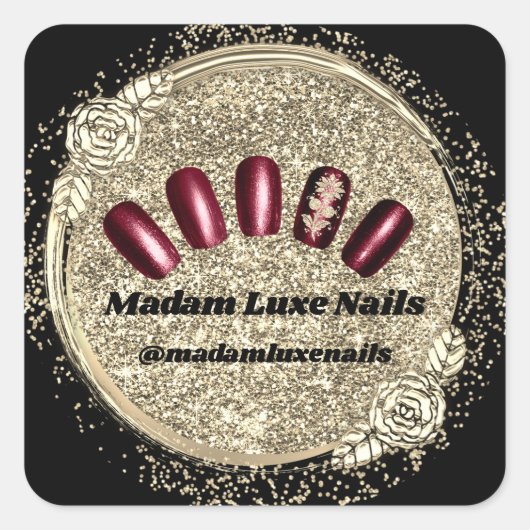 Mevrouw Luxe Nail Glitter Black Burgundy Gold Vierkante Sticker (Voorkant)