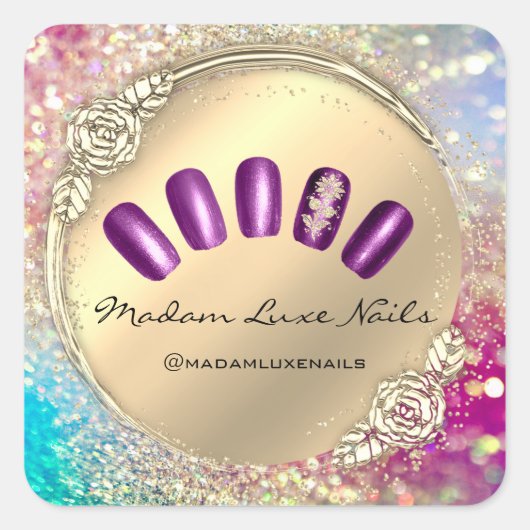 Mevrouw Luxe Nail Glitter Roos Gold Floral Violet Vierkante Sticker (Voorkant)