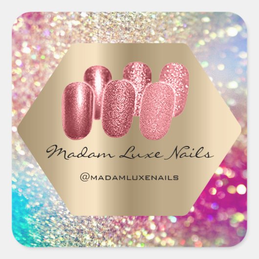 Mevrouw Luxe Nails Studio Glitter Roos Holographic Vierkante Sticker (Voorkant)