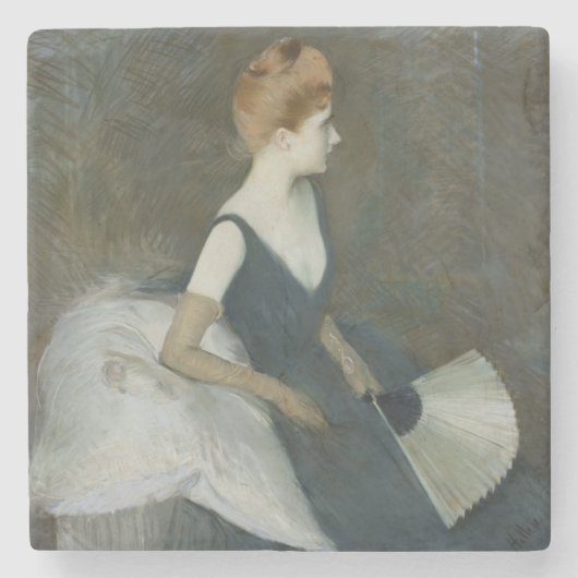 Mevrouw Marthe Letellier zit op een sofa Stenen Onderzetter (Voorkant)