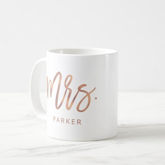 Mevrouw | Modern Roos Gold Script en achternaam Koffiemok (Voorkant links)