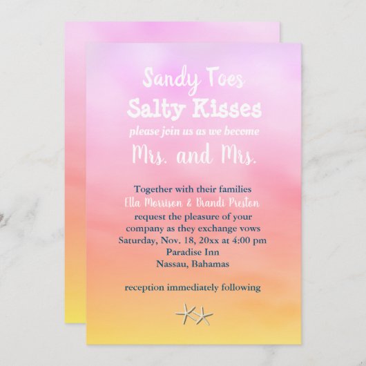 Mevrouw & Mrs Sandy Toes Wedding Invite sunset Kaart (Voorkant / Achterkant)