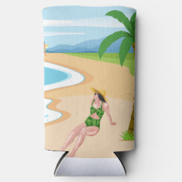 mevrouw op het strand seltzer blikjeskoeler