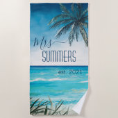 Mevrouw Pas getrouwd Bride Monogram Waterverf Seas Strandlaken (Voorkant)