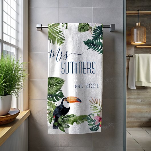 Mevrouw Pas getrouwd bruid Monogram Tropische blad Strandlaken