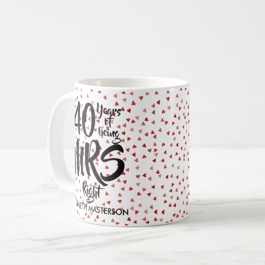 Mevrouw Rechts 40e verjaardag Robijnen Harten Conf Koffiemok (Voorkant links)