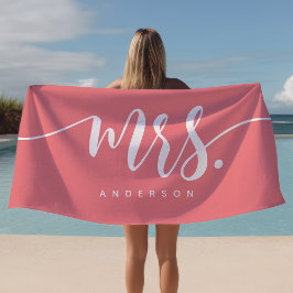 Mevrouw Roze En Witte Pasgetrouwde Bruid Gepersona Strandlaken