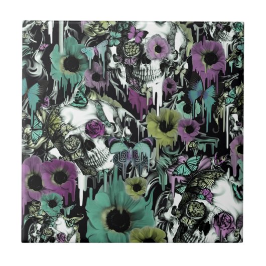 Mevrouw Sandman, florale schedel Tegeltje (Voorkant)
