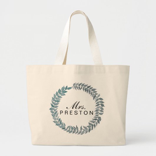 Mevrouw Steel Blue Vine | Waterverf krans Grote Tote Bag (Voorkant)