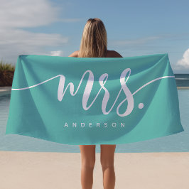 Mevrouw Teal En Witte Pasgehuwde Bruid Persoonlijk Strandlaken