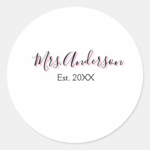 Mevrouw voeg naam toe achternaam zwart roze jaar m ronde sticker