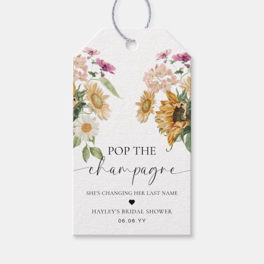 Mews Sunflower Pop de champagne bruidsfeest Cadeaulabel (Voorkant)