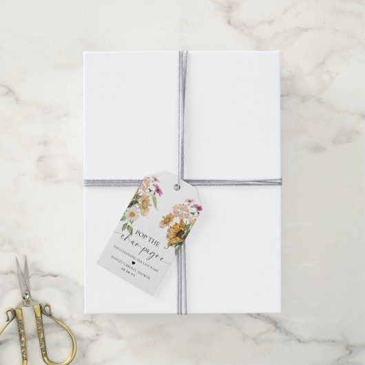 Mews Sunflower Pop de champagne bruidsfeest Cadeaulabel (Met Touw)