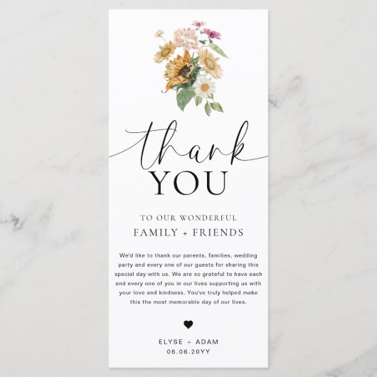 Mews Zonnebloem Herfst Bloemen Lang Menu & Dank u (Achterkant)