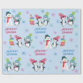 Mewwwy Kissmas Penguins Snowmen en Snowflakes Cadeaupapier (Vlak)
