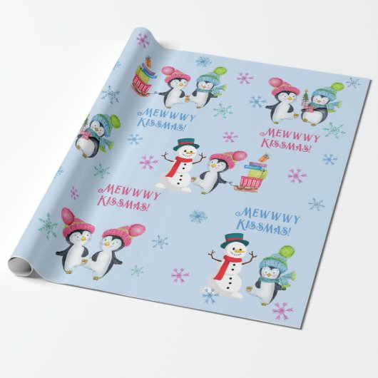 Mewwwy Kissmas Penguins Snowmen en Snowflakes Cadeaupapier (Uitgerold)