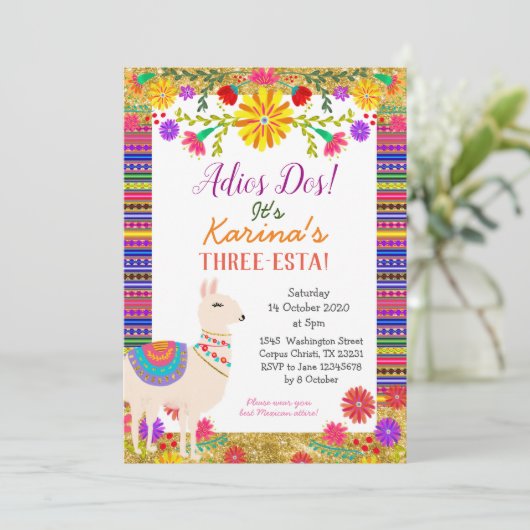 Mexicaan Llama Three-Esta Birthday Invitation Kaart (Staand voorkant)