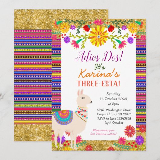 Mexicaan Llama Three-Esta Birthday Invitation Kaart (Voorkant / Achterkant)