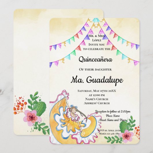 Mexicaan Quinceañera 15 anos Birthday Uitnodiging (Voorkant / Achterkant)