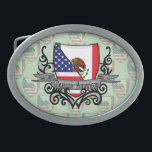 Mexicaans-Amerikaanse vlag Gesp<br><div class="desc">Vertegenwoordig Mexico! Dit artikel is voorzien van een wapen met de Mexicaanse vlag en de Amerikaanse vlag op een heraldische schild die lijkt op een familiekloeg en een stammenontwerp. Ken je een Mexicaan of een Mexicaan-Amerikaan die zijn thuisland mist en die graag patriottisch zou zijn over hun geboorteland? Reizigers naar...</div>