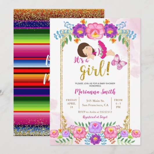 Mexicaans Baby shower Floral Butterfly Fiesta Kaart (Voorkant / Achterkant)