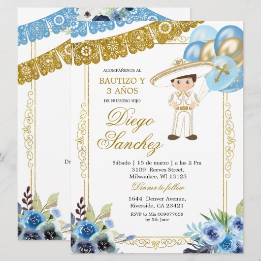 Mexicaans blauw en goudhandschrift Baptism en derd Kaart (Voorkant / Achterkant)