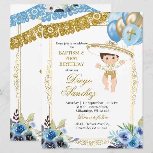 Mexicaans blauw en goudhandschrift en geboortedag kaart (Voorkant / Achterkant)