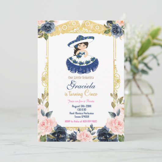 Mexicaans Blauw Navy Meisje Fiesta Verjaardag  Kaart (Staand voorkant)