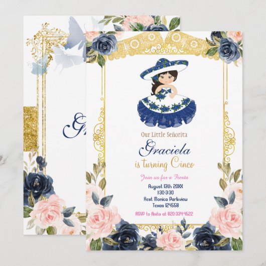 Mexicaans Blauw Navy Meisje Fiesta Verjaardag  Kaart (Voorkant / Achterkant)