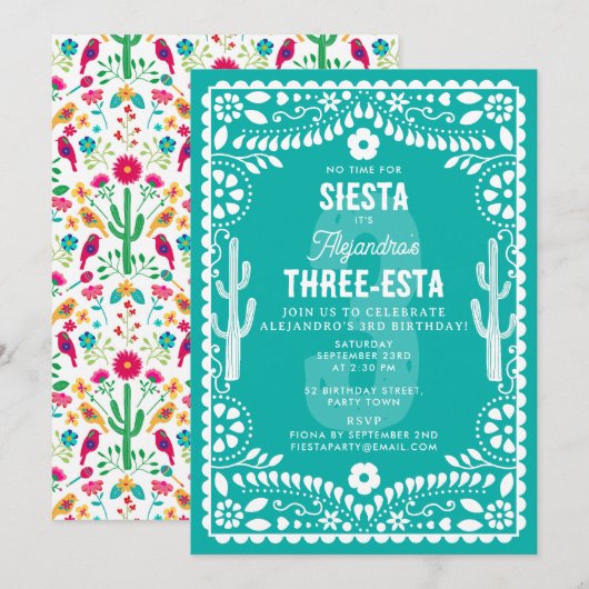 Mexicaans Bloemenfeest Teal Drie-Esta 3e Verjaarda Kaart (Voorkant / Achterkant)