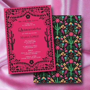 Mexicaans Bloemfeest Roze Zwart Quinceañera Kaart