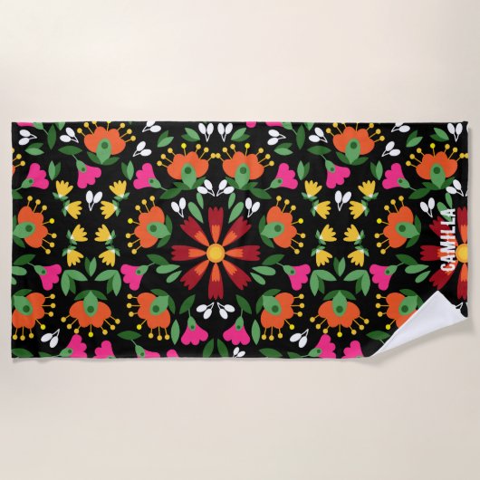 Mexicaans borduurpatroon op zwart strandlaken (Voorkant)