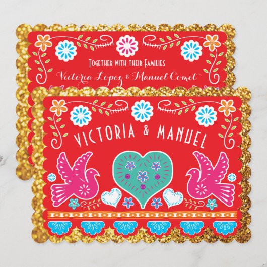 Mexicaans bruiloft Papel Picado Gold Glitter Kaart (Voorkant / Achterkant)