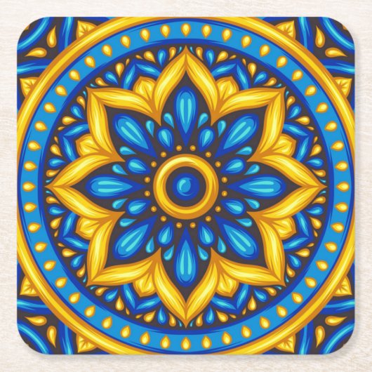 Mexicaans design van blauw en geel kartonnen onderzetters (Voorkant)
