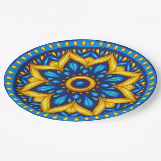 Mexicaans design van blauw en geel papieren bordje (Gekanteld)