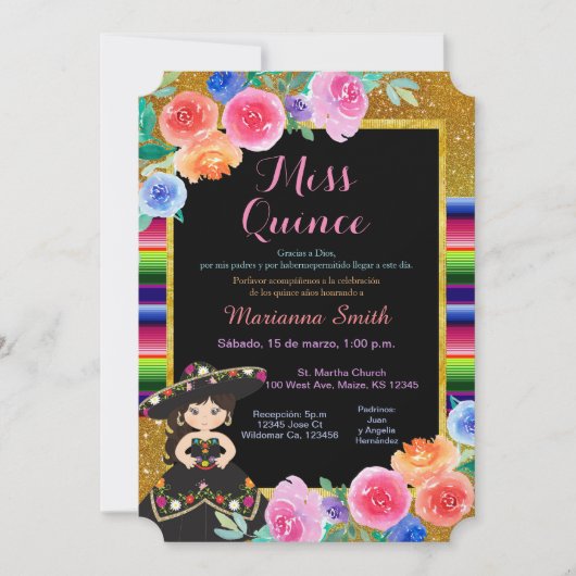 Mexicaans feest gouden zwarte jurk Quinceañera  Kaart (Voorkant)