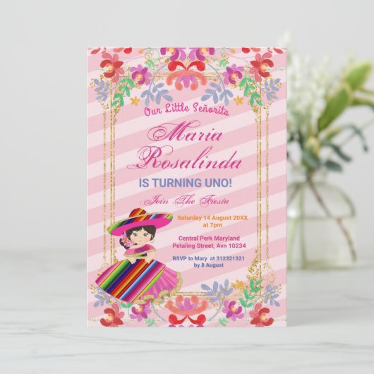 Mexicaans feest voor bloemenmeisjes 1e verjaardag kaart (Staand voorkant)