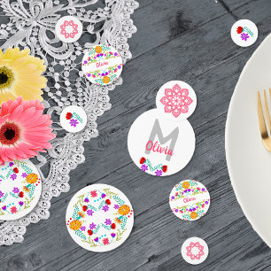 Mexicaans Feest Wit Roze Bloem Monogram Naam Confetti