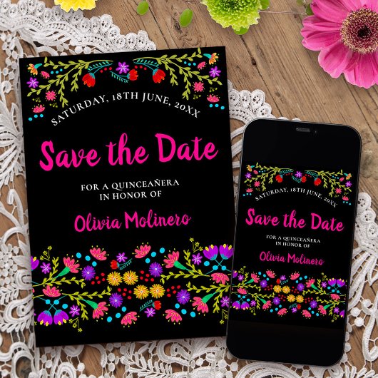 Mexicaans Fiesta Bloemen Zwart en Roze Save The Date